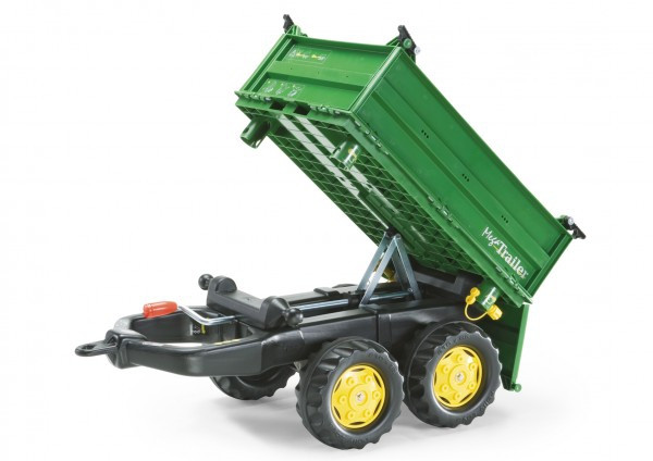 Zielona przyczepa RollyMega Rolly Toys z podniesioną skrzynią, detal mechanizmu wywrotu i tylnej burty