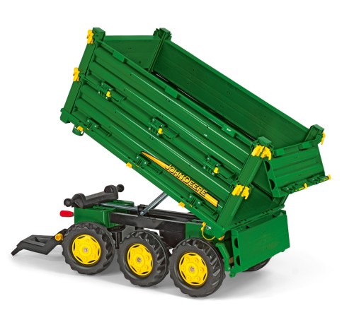Perspektywa boczna Rolly Multi — przyczepa wywrotka John Deere z opuszczoną tylną klapą i detalami