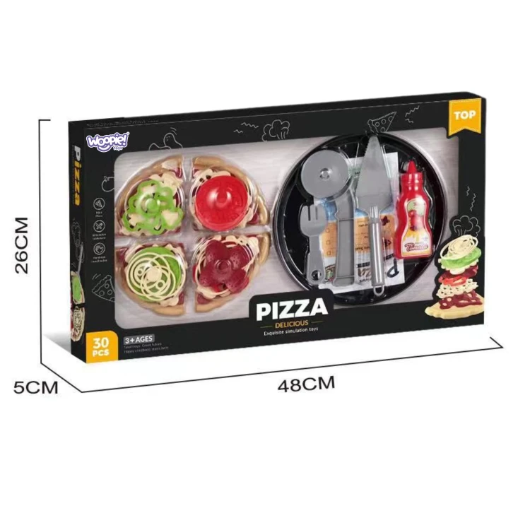 Zbliżenie na elementy dekoracyjne pizzy WOOPIE — plasterki, warzywa i ser w realistycznych kolorach
