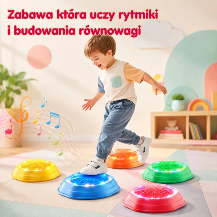 Kolorowe kamienie WOOPIE z efektami świetlnymi i muzycznymi, widok z boku na zestaw