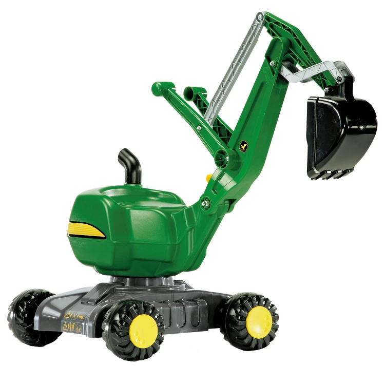Rolly Toys RollyDigger koparka samobieżna John Deere — zielony jeździk, widok z przodu z łyżką roboczą