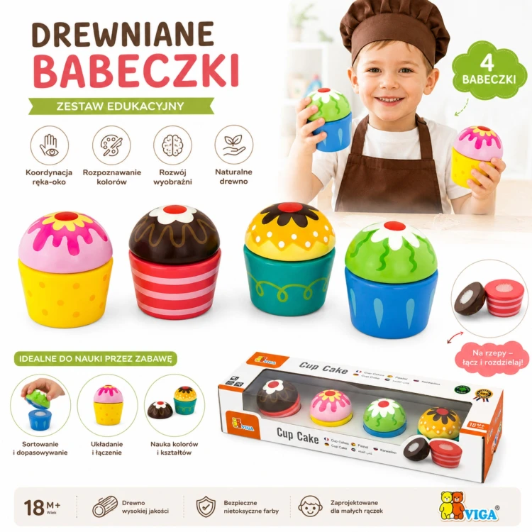 Wszystkie 4 elementy zestawu Viga ułożone obok siebie — ciasteczka i babeczki w pełnym komplecie