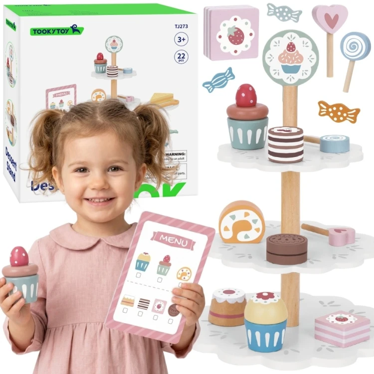 Patera Słodkości TOOKY TOY — drewniany stojak na babeczki i ciasta w eleganckim wydaniu