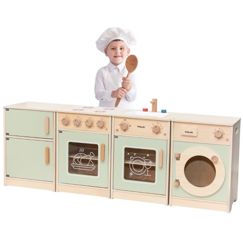 Drewniany zestaw kuchenny XL VIGA w kolorze zielonym z kuchenką, pralką i zmywarką