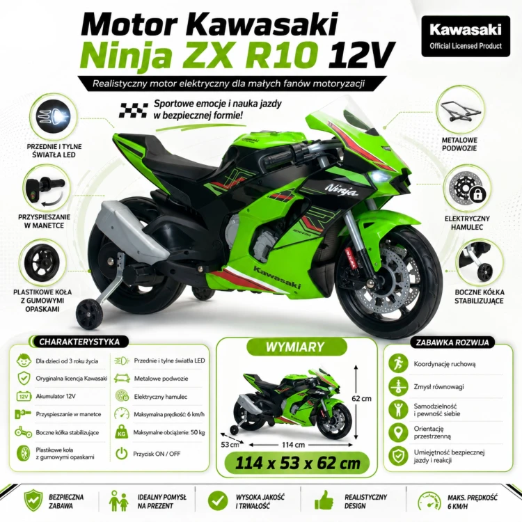 Kompozycja detali: owiewki, napis ZX R10 i logo INJUSA na bocznym fragmencie motocykla