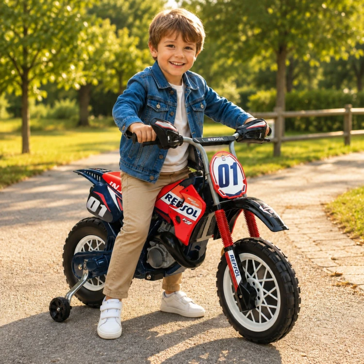Boczny profil INJUSA Motor Repsol — widoczne szerokie koła, stopnie i wyprofilowane siedzisko dla dziecka
