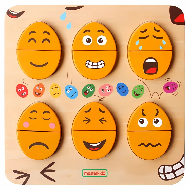 Tablica do Nauki Emocji ustawiona na stoliku w scenie zabawy - widok z perspektywy dziecka, elementy interaktywne widoczne