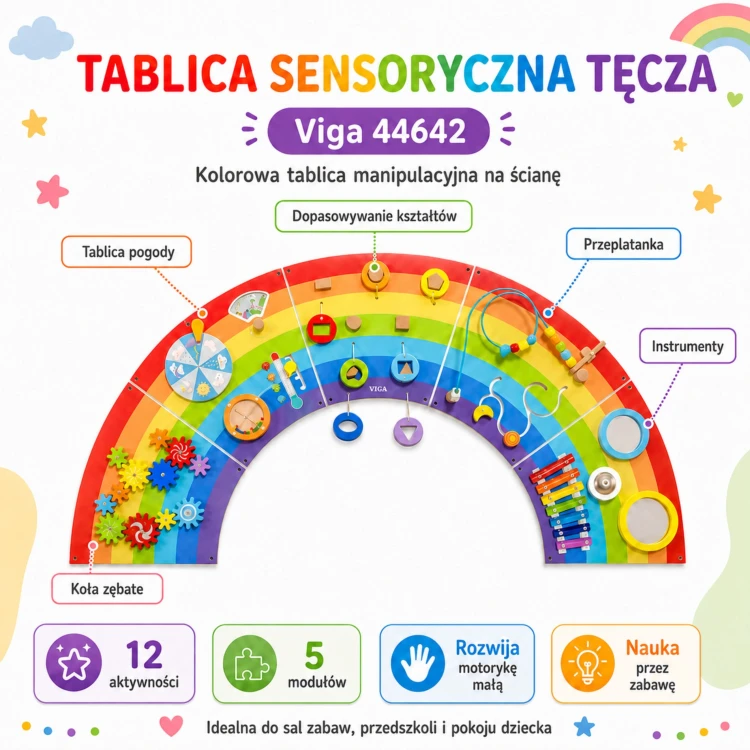 Komplet manipulacyjnych akcesoriów tablicy VIGA EDU Tęcza — różnorodne elementy edukacyjne ułożone na drewnie do zabawy
