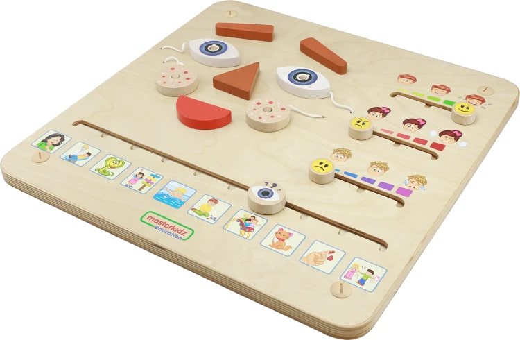 Opakowanie tablicy z instrukcją i komponentami — przegląd zawartości zestawu MASTERKIDZ do nauki emocji