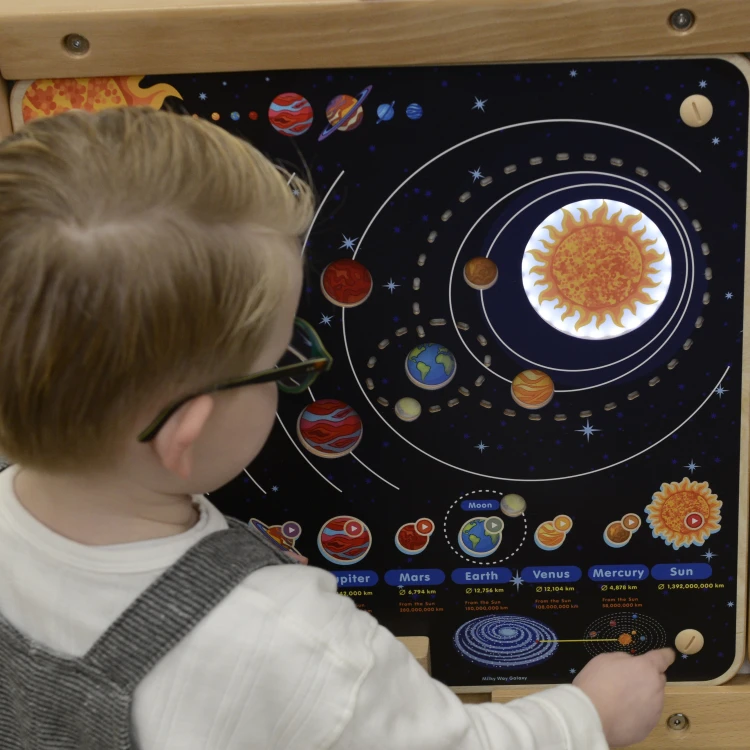 Zbliżenie na planety Tablicy Edukacyjnej Układ Słoneczny MASTERKIDZ — detale i podpisy planet
