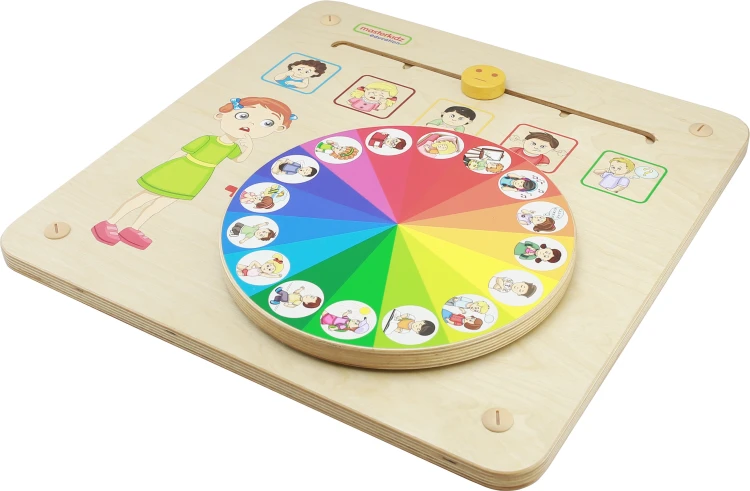 Zbliżenie na kolorowe elementy i ikony emocji na tablicy MASTERKIDZ — widoczne pola do manipulacji dziecięcej