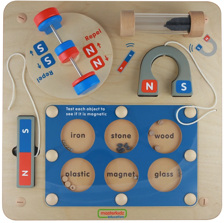Ścienna tablica edukacyjna o przyciąganiu magnetycznym MASTERKIDZ — front z kolorowymi elementami