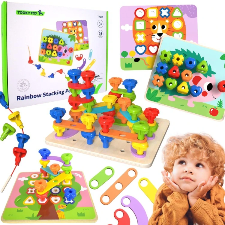 Wielofunkcyjna tablica TOOKY TOY z kolorowymi śrubkami, pełny widok frontu zestawu edukacyjnego