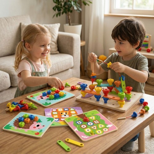 Zbliżenie na kolorowe śrubki i otwory w tablicy TOOKY TOY — detal do nauki kształtów i manipulacji