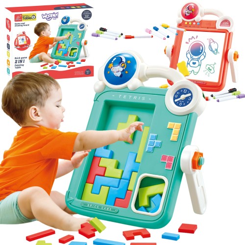 WOOPIE Dwustronna Tablica do Rysowania Gra Tetris 2w1 48 — front z kolorowymi klockami i markerami
