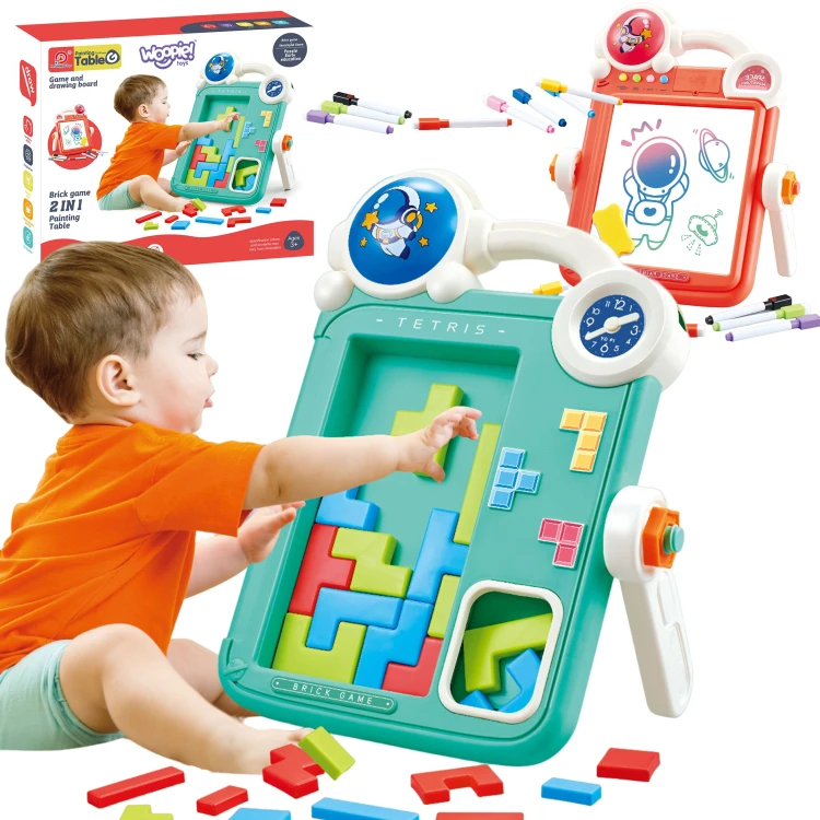 WOOPIE Dwustronna Tablica do Rysowania Gra Tetris 2w1 48 — front z kolorowymi klockami i markerami