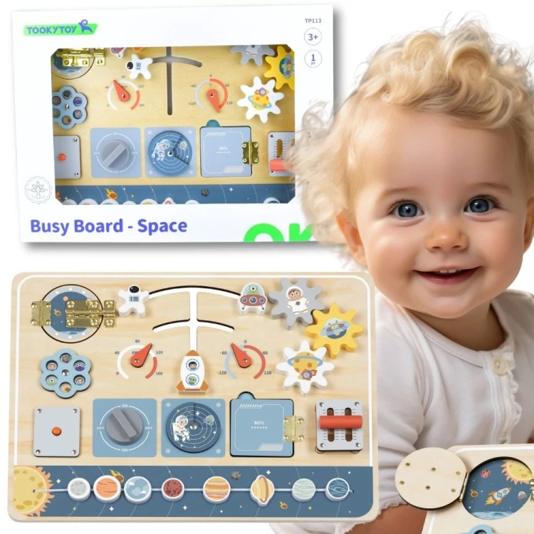 Drewniana tablica edukacyjna TOOKY TOY 51 z motywem astronauty i statku kosmicznego