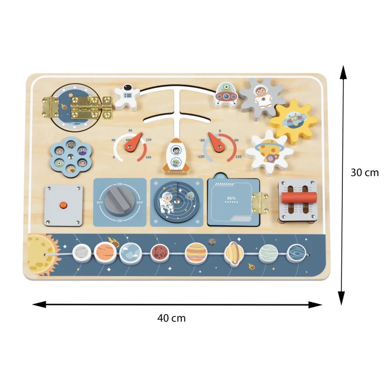 Detal malowania rakiety i planet na powierzchni tablicy Montessori — kolor i tekstura TOOKY TOY