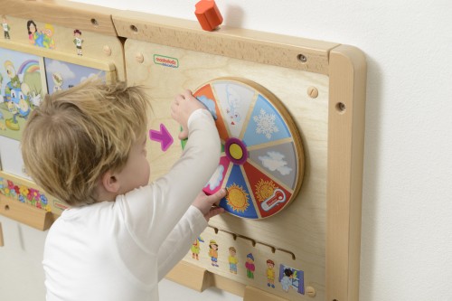 Zbliżenie na ruchome elementy tablicy MASTERKIDZ — detale przedstawiające słońce, chmury i symbole pogodowe.