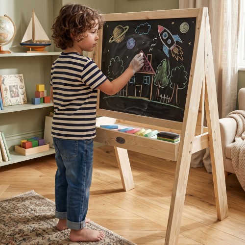Widok z boku — drewniana rama tablicy CLASSIC WORLD EDU z wyraźnym usłojeniem i starannym wykończeniem