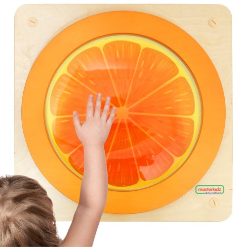 Tablica edukacyjna sensoryczna Pomarańcza MASTERKIDZ 55 — front z kolorowymi elementami dotykowymi i ruchomymi