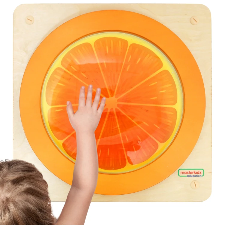 Tablica edukacyjna sensoryczna Pomarańcza MASTERKIDZ 55 — front z kolorowymi elementami dotykowymi i ruchomymi