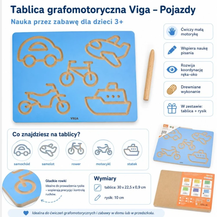 Widok całej planszy rozłożonej na stole — Tablica Grafomotoryczna VIGA z motywem pojazdów i tras do śledzenia