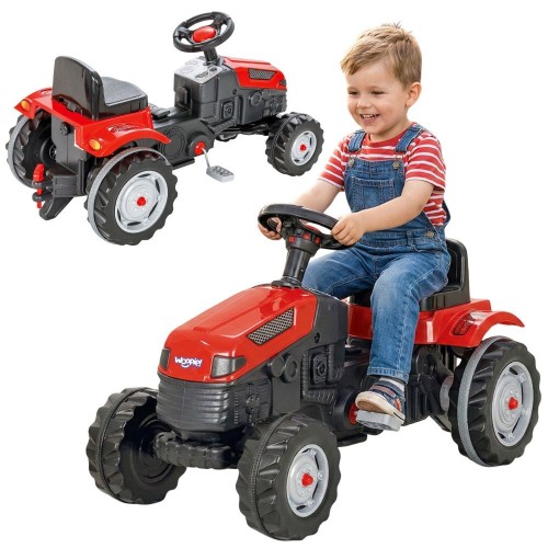 Traktor na pedały WOOPIE Farmer GoTrac - widok 3/4 z przodu, pokazane ciche koła i kierownica