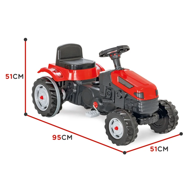 Kompletny widok 3/4 WOOPIE Traktor na pedały - sylwetka pojazdu, koła i ogólna konstrukcja ramy
