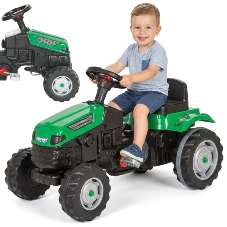 Traktor na pedały WOOPIE Farmer GoTrac z cichymi kołami — widok ogólny z profilu, pokazuje kierownicę i siedzenie