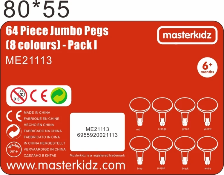 Zestaw 64 kołeczków Jumbo MASTERKIDZ rozsypanych na stole obok dłoni dla skali — widoczne żywe barwy i rozmiary elementów