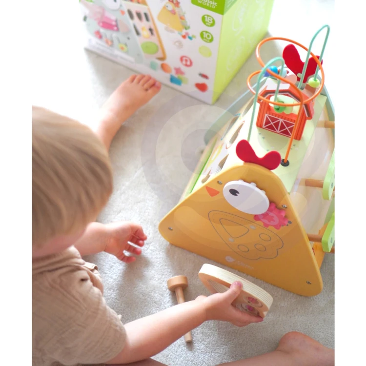Górna część kostki Montessori — uchwyt i kompozycja zabaw 10w1 z farmowymi ilustracjami CLASSIC WORLD