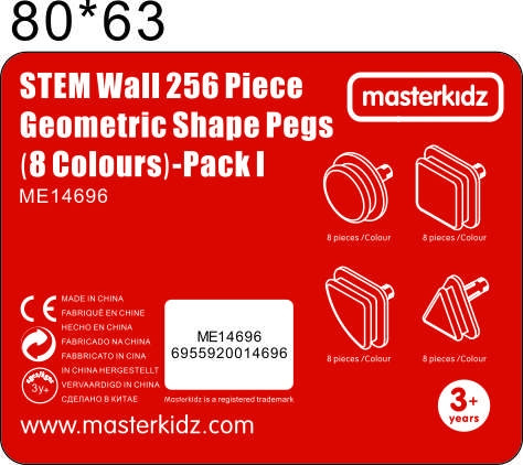 Widok rozsypanych 256 elementów w 8 kolorach — zestaw geometrycznych kształtów MASTERKIDZ 55 na białym tle