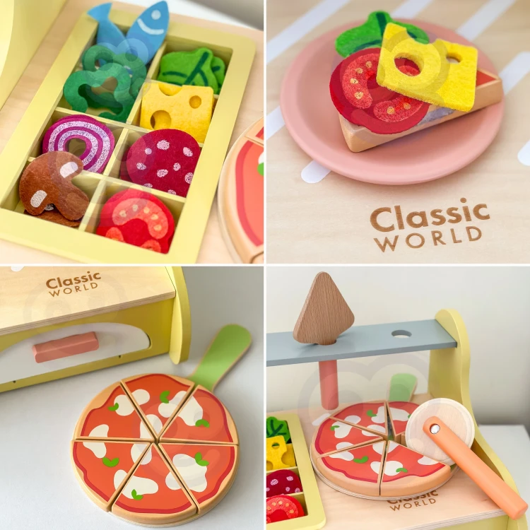 Zestaw akcesoriów CLASSIC WORLD obok drewnianego pieca do pizzy — detale elementów do zabawy