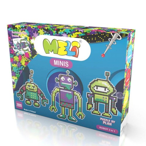Rozłożone kolorowe elementy zestawu Klocki Meli Minis Robot 3w1 wraz z planszą 69 × 48 cm, widok z góry.