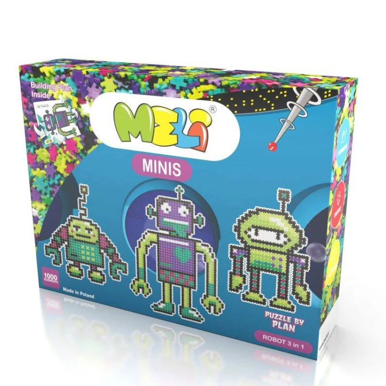 Rozłożone kolorowe elementy zestawu Klocki Meli Minis Robot 3w1 wraz z planszą 69 × 48 cm, widok z góry.