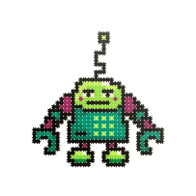 Kilka etapów budowy modelu z zestawu Klocki Meli Minis Robot 3w1 rozłożone obok siebie na stole.