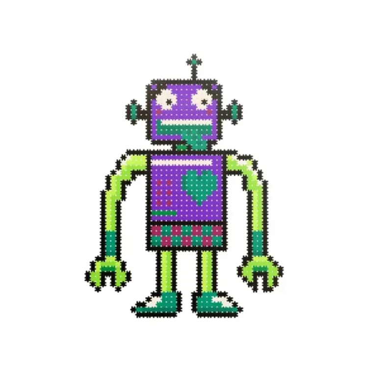 Zestaw Meli Minis Robot 3w1 wraz z instrukcją i planszą 69 × 48 cm ustawiony do prezentacji gotowych modeli.