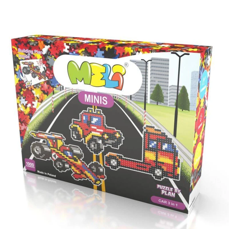 Zestaw Meli Minis Car rozłożony na planszy 69x48 cm z widocznymi kolorowymi elementami układanki, idealne dla pracy grupowej.