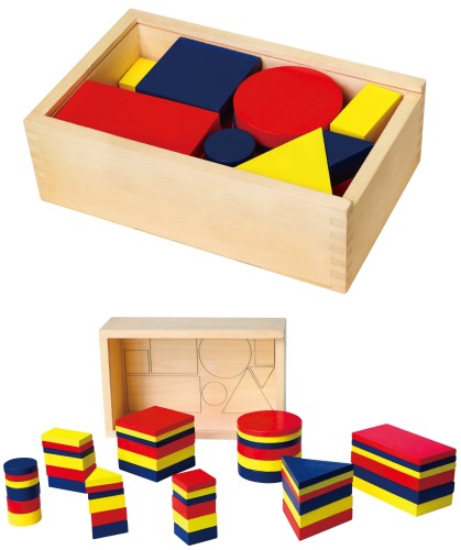 Drewniane klocki Dienesa Viga Toys — zestaw kolorowych figur geometrycznych ułożonych na stole