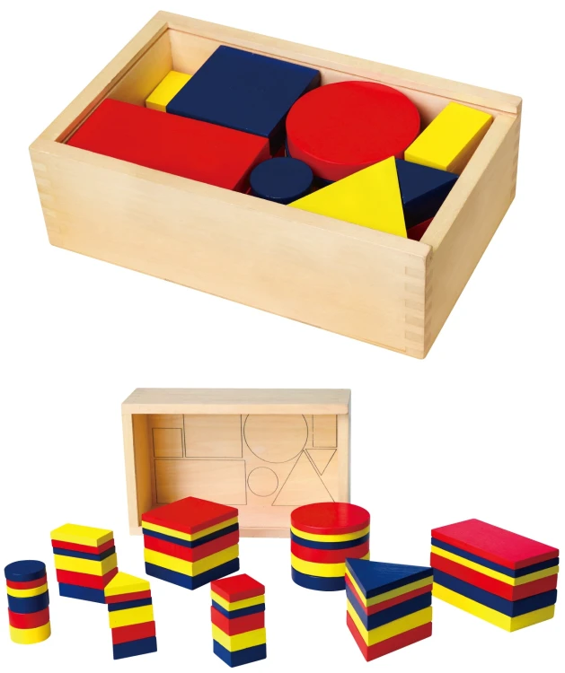 Drewniane klocki Dienesa Viga Toys — zestaw kolorowych figur geometrycznych ułożonych na stole