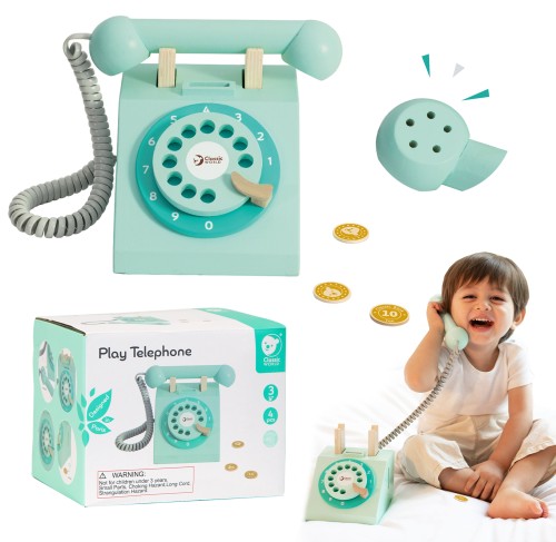 Klasyczny drewniany telefon CLASSIC WORLD - zestaw 4 el., frontowy widok z tarczą i słuchawką, styl retro dla malucha