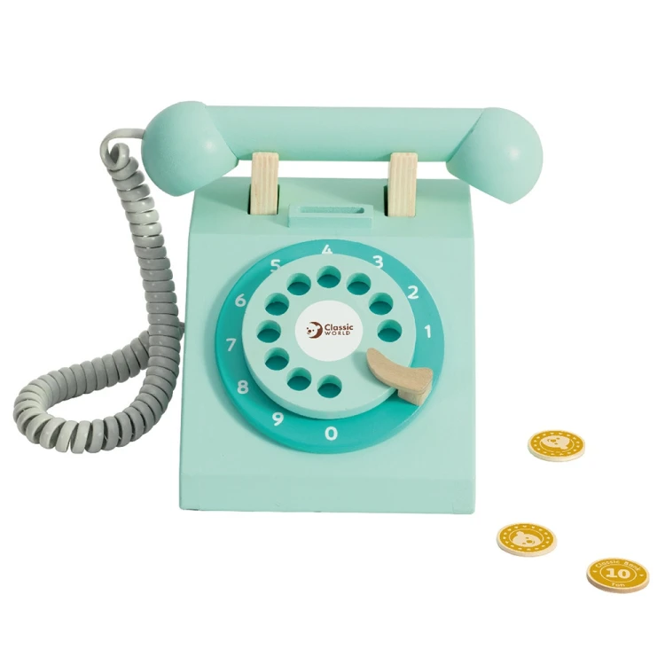 Telefon CLASSIC WORLD na neutralnym tle - detal kolorowych wstawek i naturalna faktura drewna widoczna z bliska