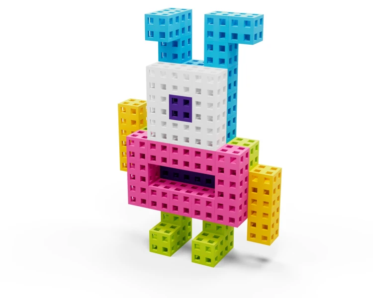 Zestaw Meli Cube Pink zaprezentowany w kontekście zabawy grupowej, z kilkoma dziećmi układającymi konstrukcje na stole.