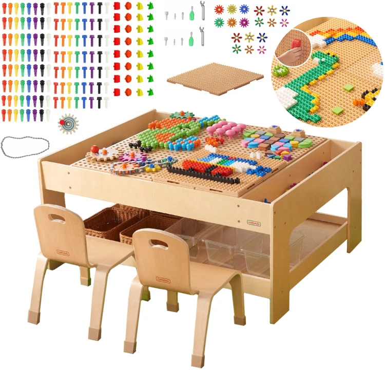 Drewniany stół edukacyjny MASTERKIDZ 55 z akcesoriami STEM WALL i kolorowymi 135 klockami