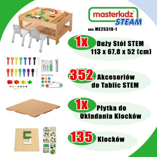 Zbliżenie akcesoriów STEM WALL na drewnianym stole MASTERKIDZ — kolorowe elementy i narzędzia do zabawy