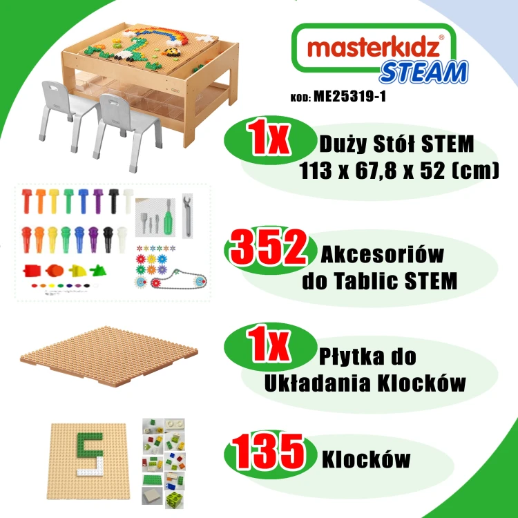 Zbliżenie akcesoriów STEM WALL na drewnianym stole MASTERKIDZ — kolorowe elementy i narzędzia do zabawy