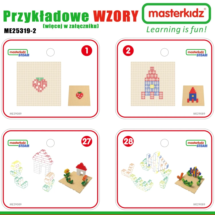 Rozłożone 135 klocków z zestawu MASTERKIDZ na stole edukacyjnym — różne kształty i kolory