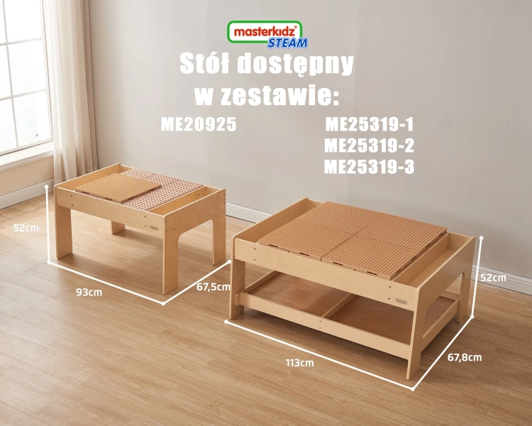 Zestaw akcesoriów na stole: młoteczek, śrubki i elementy konstrukcyjne do zabaw STEM