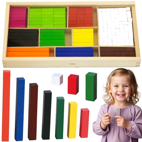 VIGA drewniane patyczki edukacyjne Cuisenaire'a ułożone w kolorowy wachlarz na jasnym tle